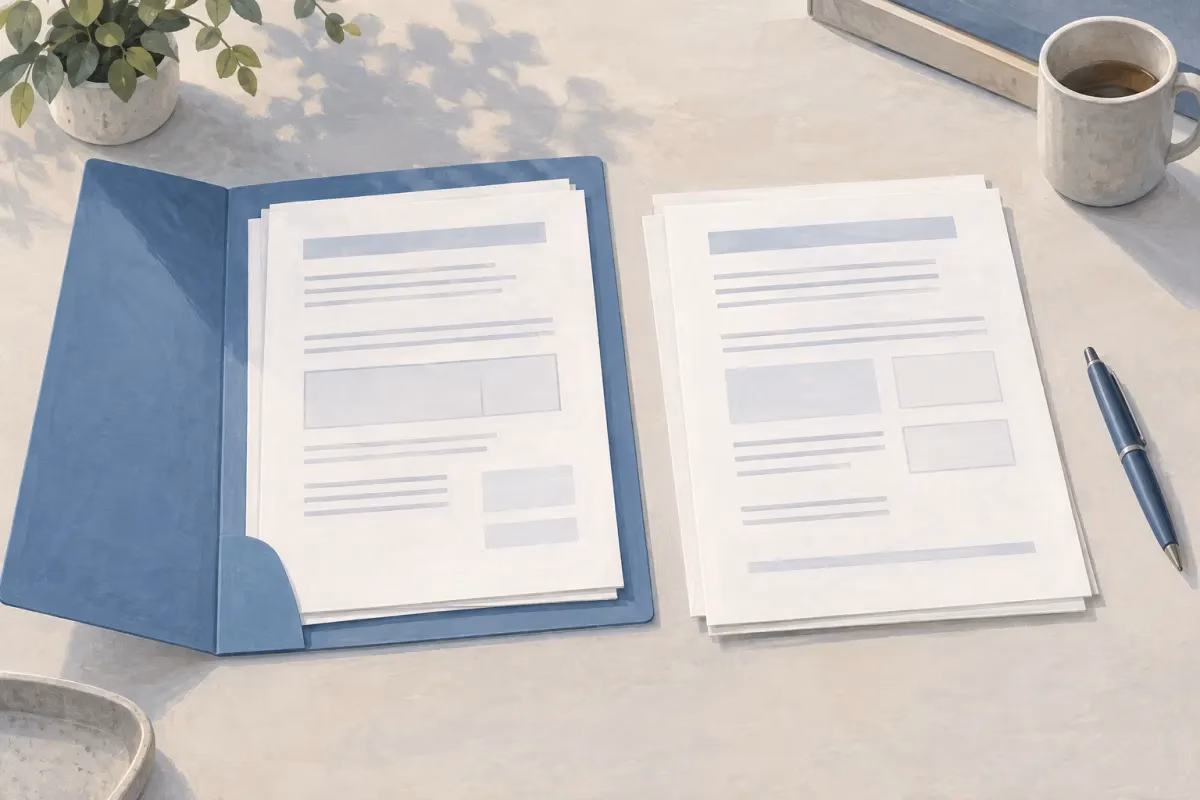 Illustratie van twee stapels documenten naast elkaar, waarvan één in een blauwe map, met een losse pen op tafel.