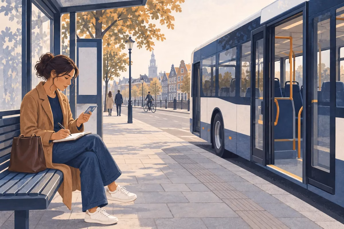 Illustratie van een reiziger die bij een bushalte aantekeningen maakt, naast een stilstaande bus.