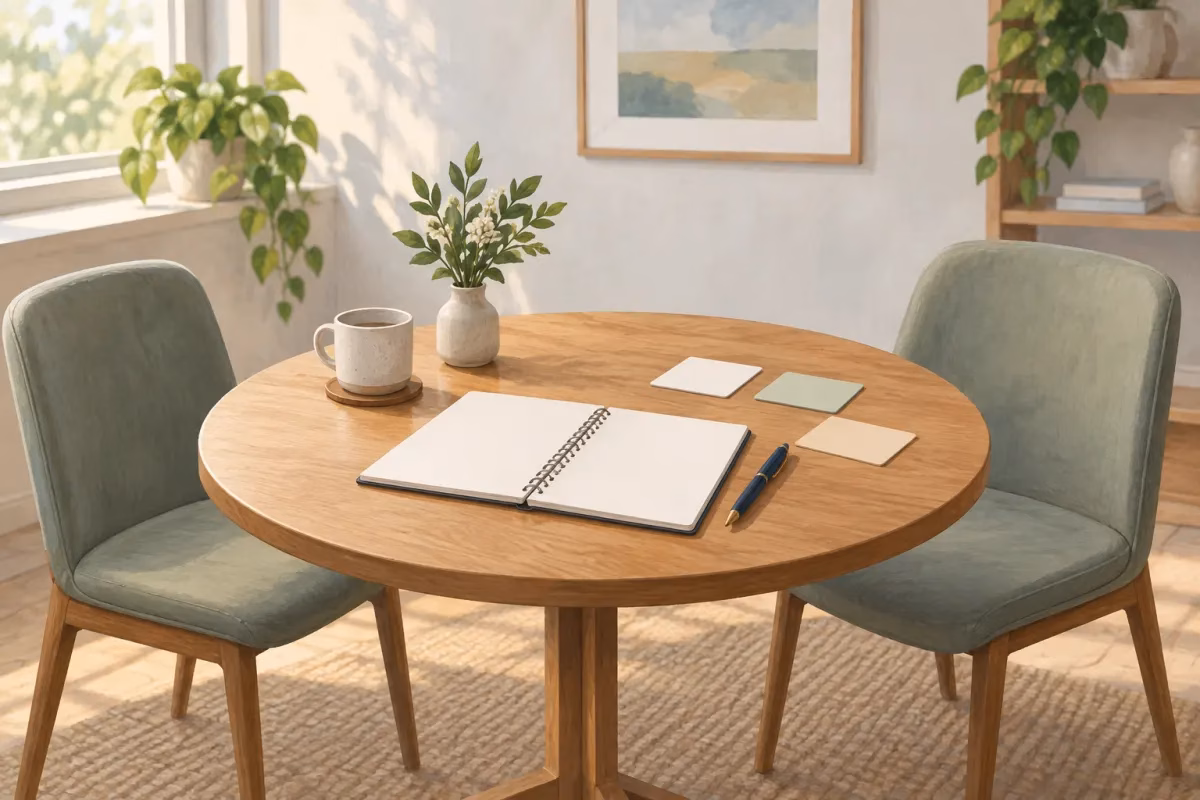 Illustratie van twee lege stoelen aan een ronde tafel met een open notitieboek, pen en blanco kaartjes.