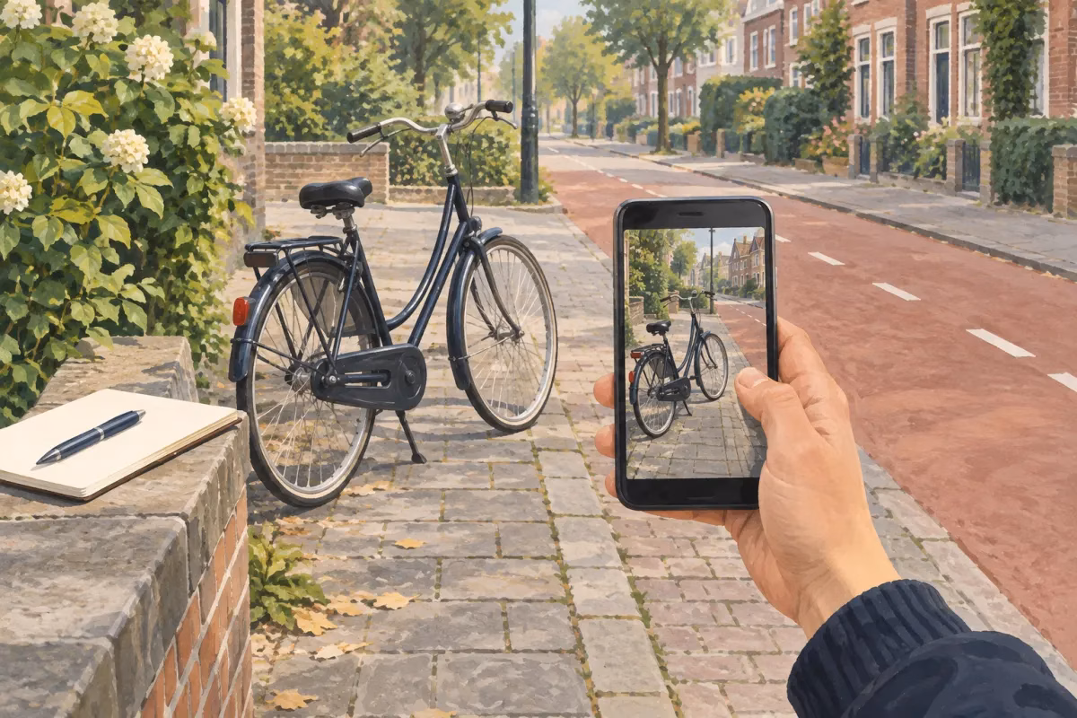 Illustratie van een geparkeerde fiets naast een fietspad, met een telefoon die de omgeving vastlegt.