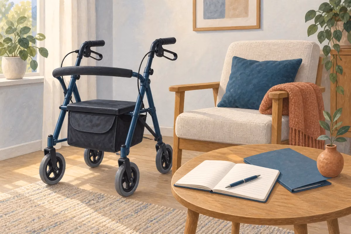 Illustratie van een rollator naast een lege stoel en een tafel met een open notitieboek, pen en dossiermap.