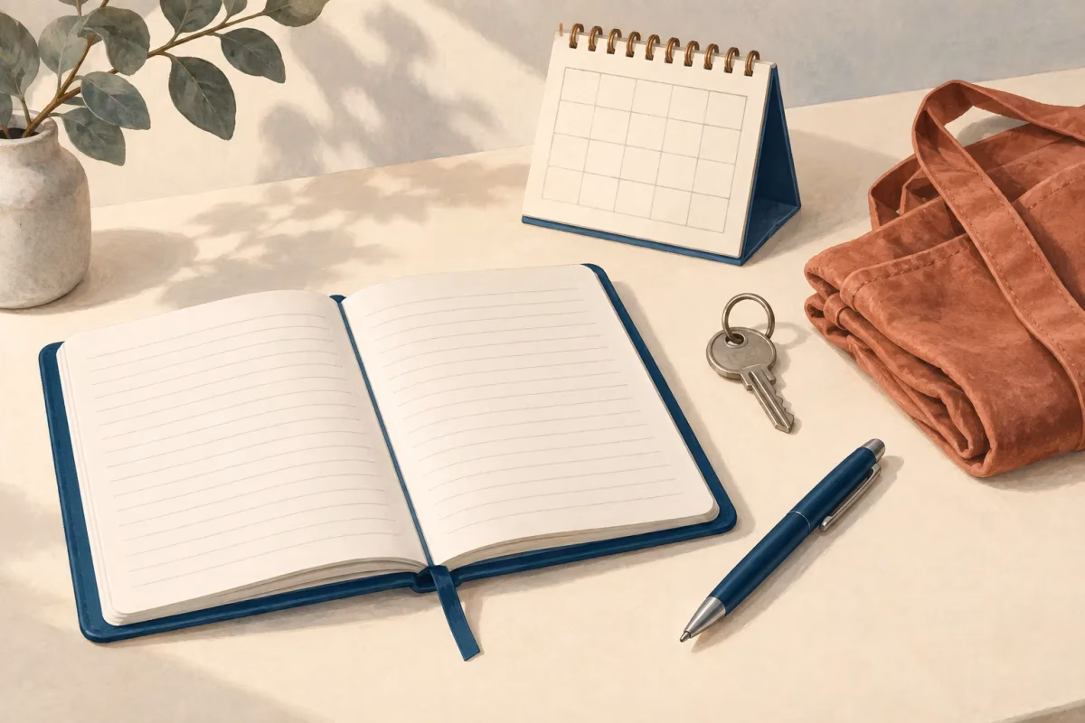 Illustratie van een open notitieboek, kalender, sleutels en boodschappentas op tafel.
