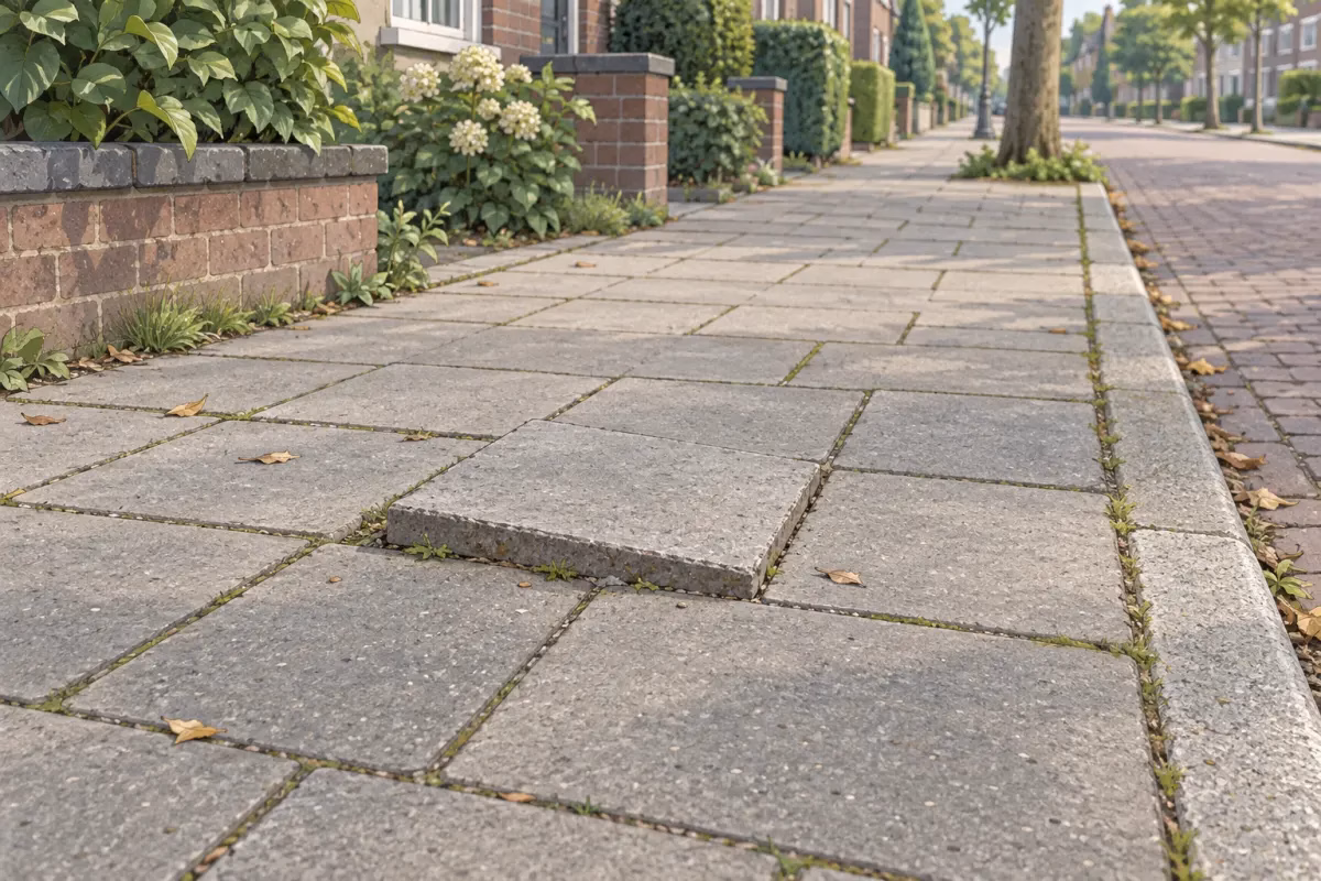Illustratie van een omhooggekomen stoeptegel op een verder doorlopend trottoir in een woonstraat.