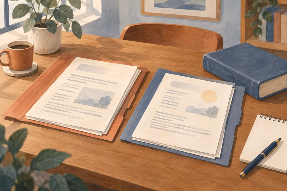 Illustratie van twee verschillende open dossiermappen naast een gesloten blauw boek en een notitieboek met pen.