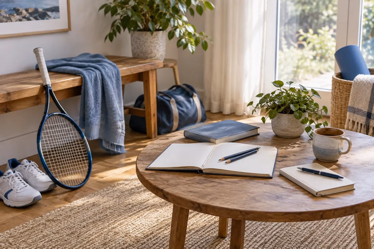 Illustratie van een tennisracket bij een houten bank en een tafel met een boek, blanco schetsboek, potloden en notitieboek met pen.