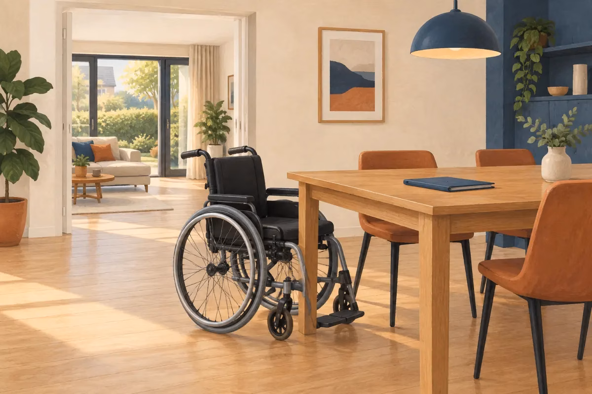 Illustratie van een rolstoel naast een eettafel, met een open doorgang naar de woonkamer.